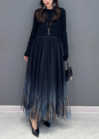 Black Knit Patchwork Tulle Dress Long Sleeve