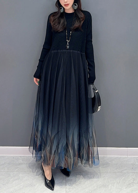 Black Knit Patchwork Tulle Dress Long Sleeve