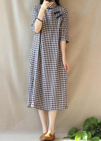 Loose Stand Collar Chinese Button Outfit Work Plaid Linen Maxi Dresses