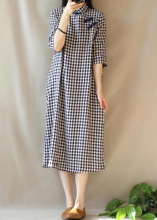 Loose Stand Collar Chinese Button Outfit Work Plaid Linen Maxi Dresses