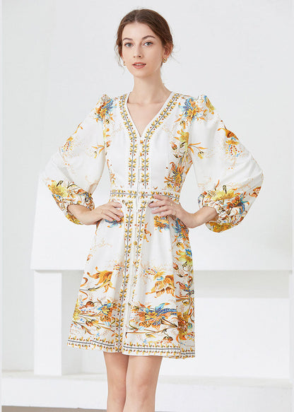 White V Neck Print Chiffon Mid Dress Spring