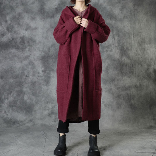 Mulberry Loose Pockets Fall Hooded Long Sleeve Sweaters Coat