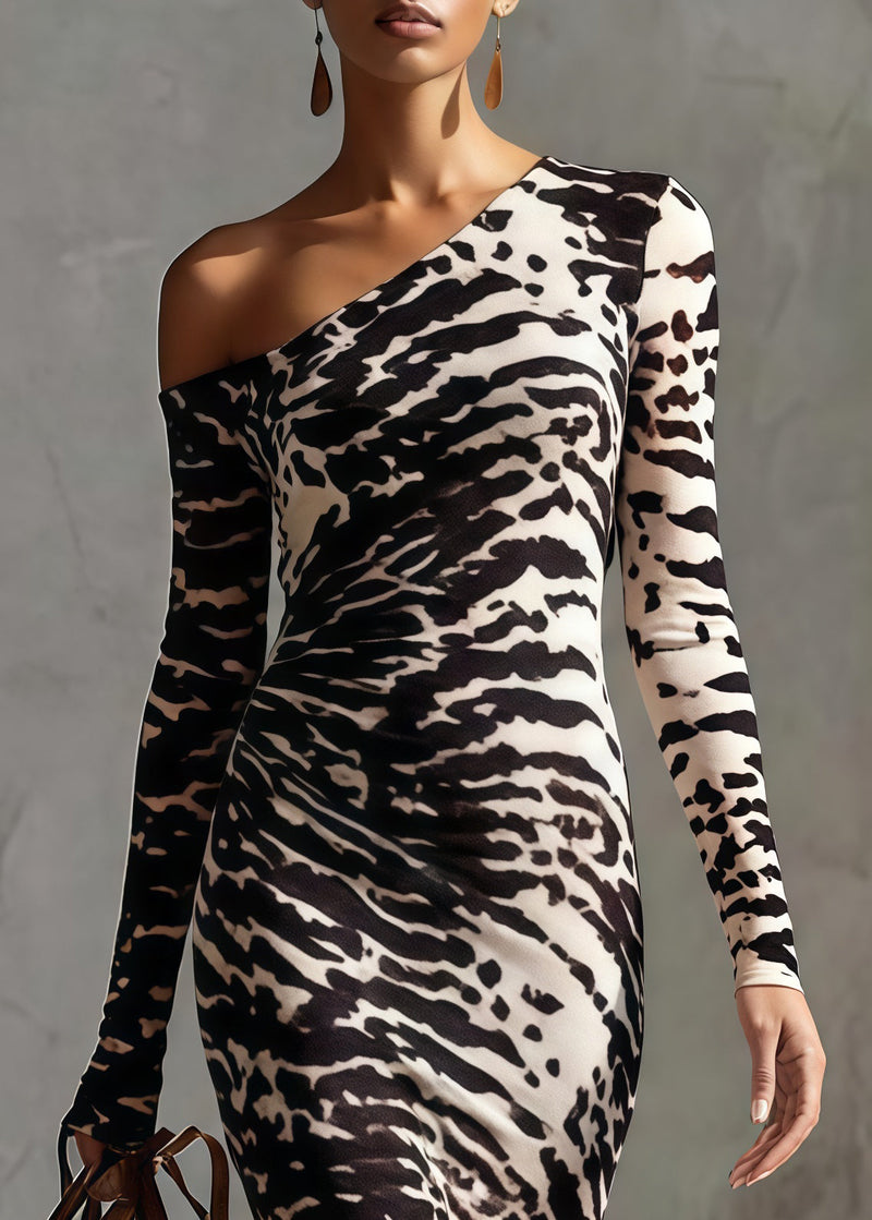 Zebra Pattern Print One Shoulder Design Cotton Long Dress Spring