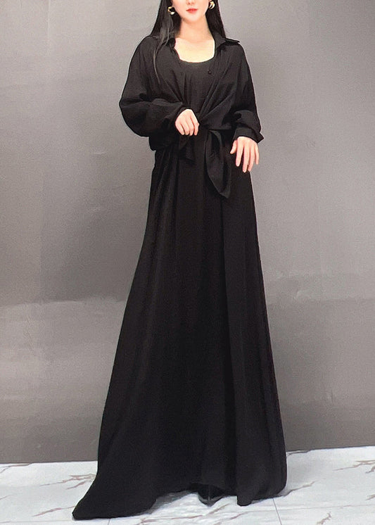 Black Peter Pan Collar Shirts and Maxi Skirts Two Piece Set Spring