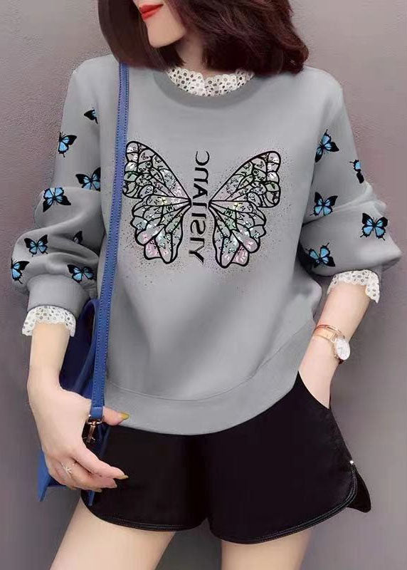 Grey Lace Patchwork Print Fall Sweatshirt Street Wear