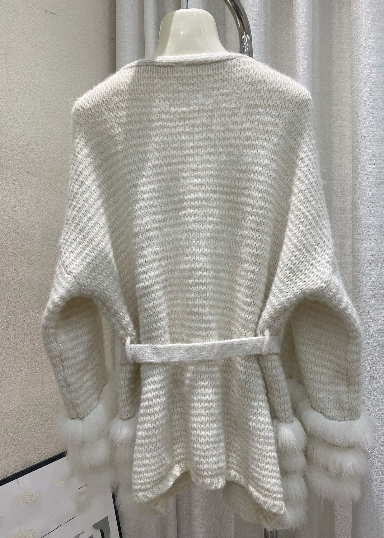 Beige Tie Waist Cotton Knit Cardigan Flare Sleeve