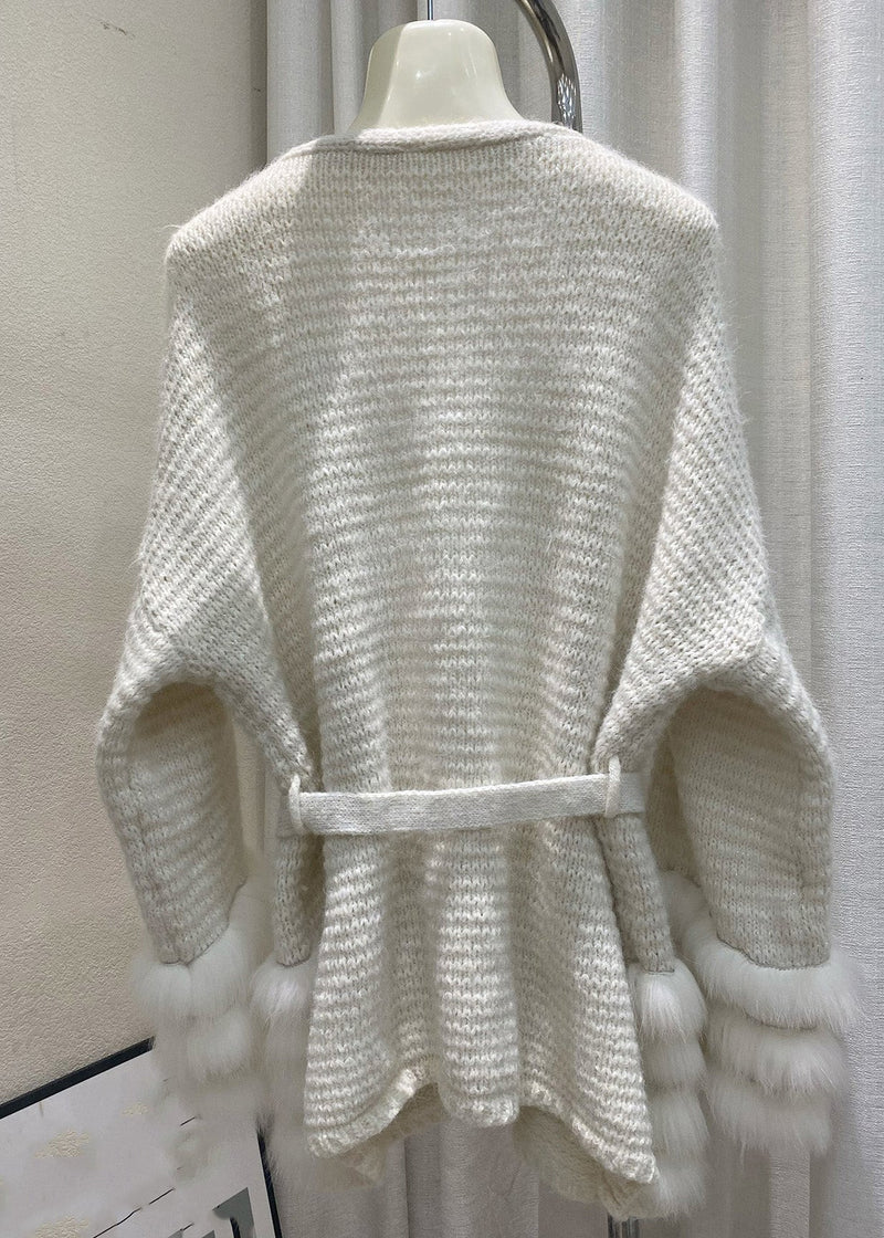 Beige Tie Waist Cotton Knit Cardigan Flare Sleeve