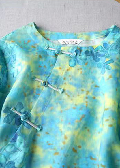 Chinese Style Green Print Linen Top Three Quarter Sleeve