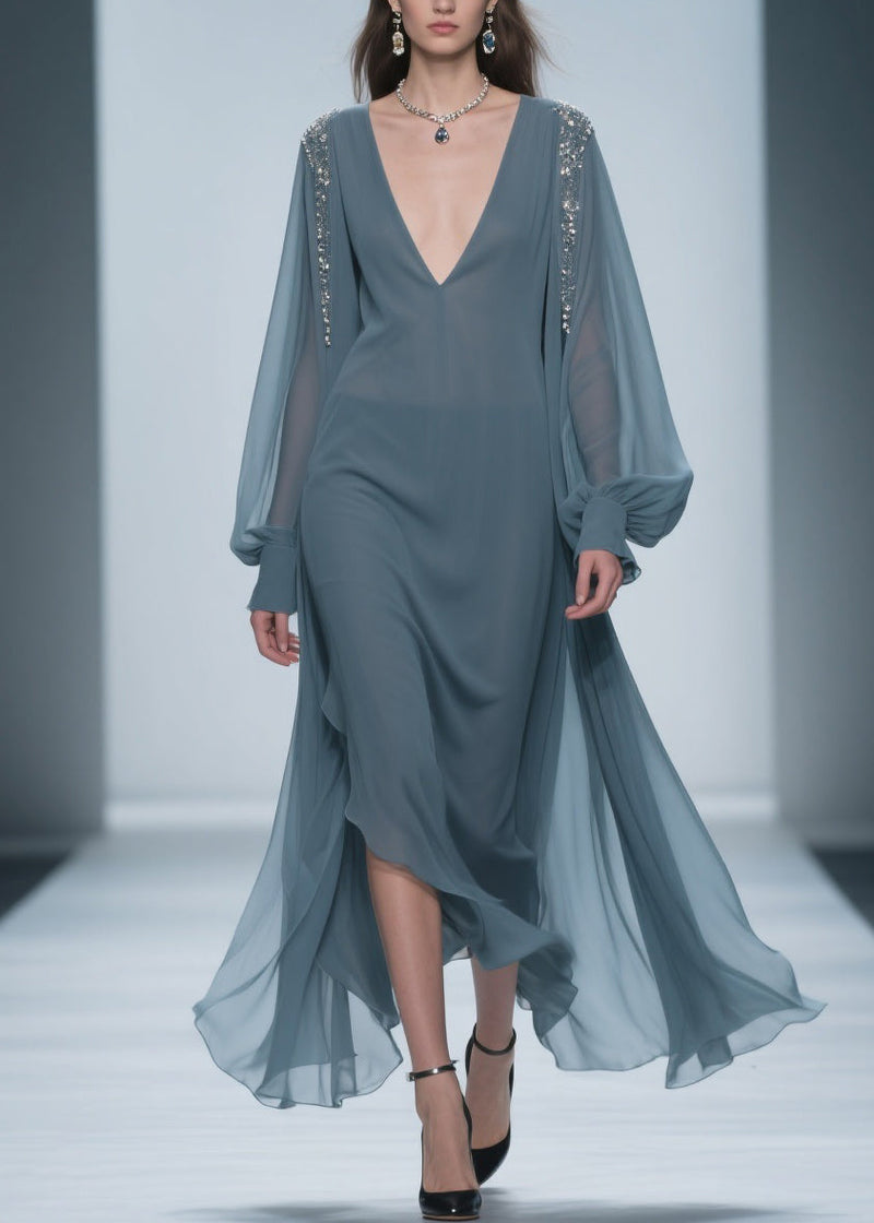Blue Original Design Chiffon Dress V Neck Lantern Sleeve