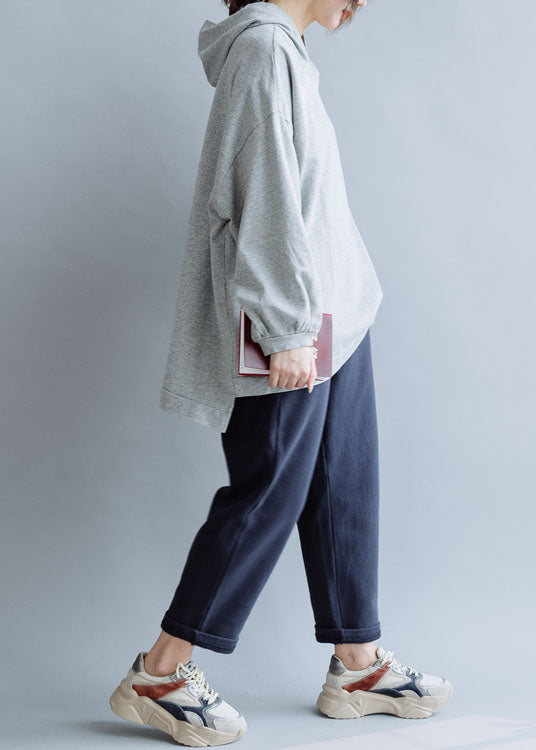 Grey Elastic Waist Cotton Straight Pants Spring