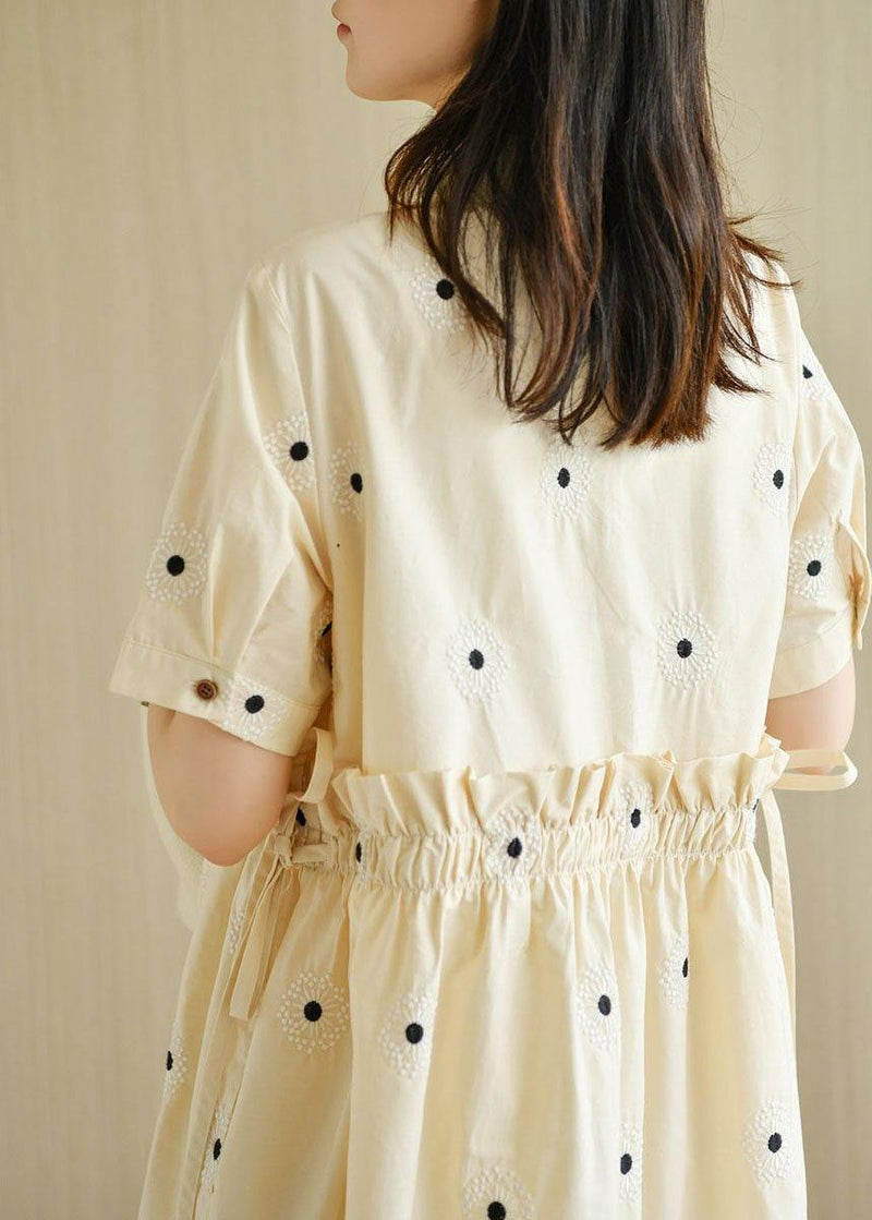Unique Beige Yellow Peterpan Collar Button Embroideried Summer Cotton Vacation Dresses