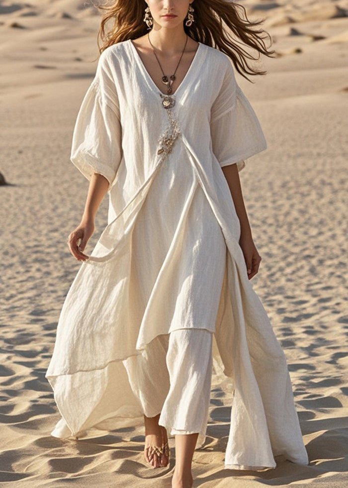 White Asymmetrical Cotton Long Dress Summer