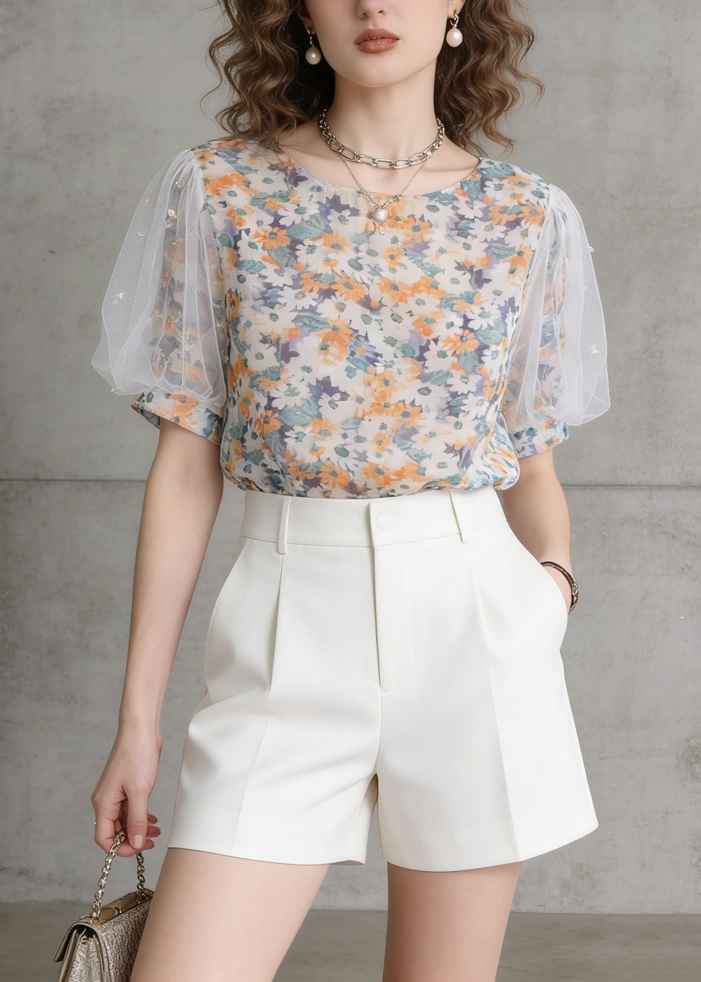 O-neck Tulle Puff Sleeve Print Chiffon Top Summer