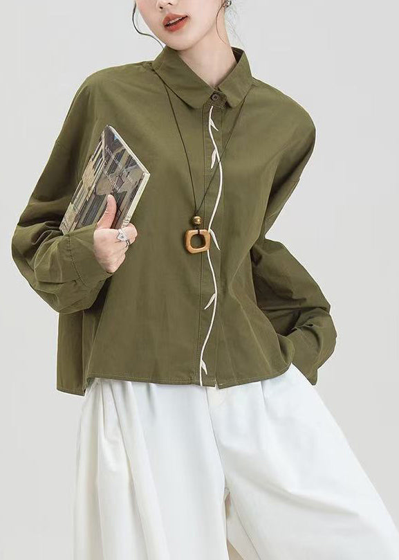 Army Green Embroidered Oversized Cotton Shirts Spring