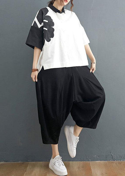 Organic White Print Black Harem Two Pieces Set Summer Cotton Linen