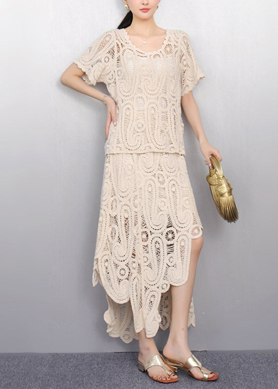 Beige O-neck Lace T Shirt and Maxi Skirts Two Piece Set Short Sleeve