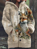 Vintage Fox Floral Art Cozy Knit Hooded Cardigan artswardrobe