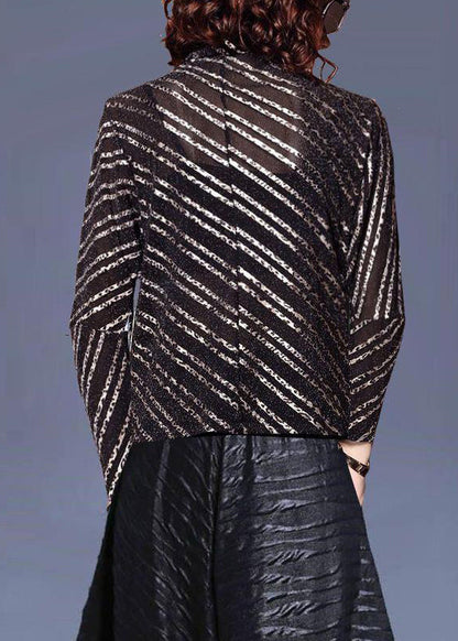 Black Stand Collar Striped Top Batwing Sleeve
