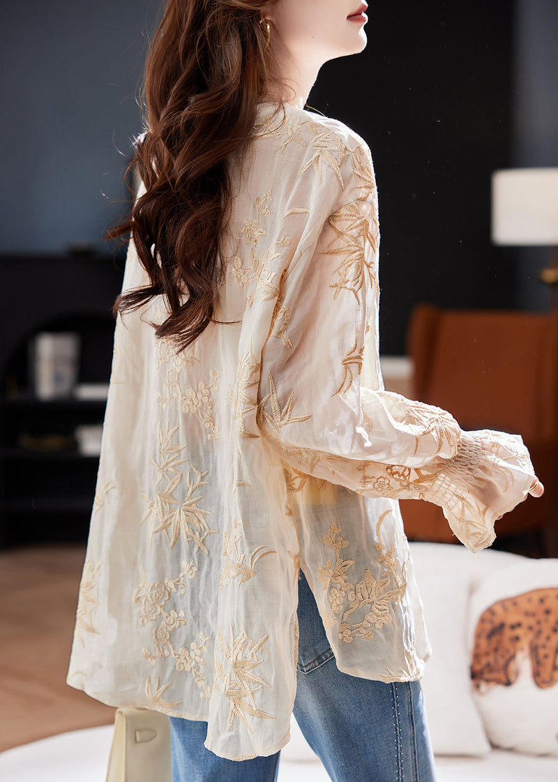 Stylish Apricot Embroidered Ramie Top Flare Sleeve