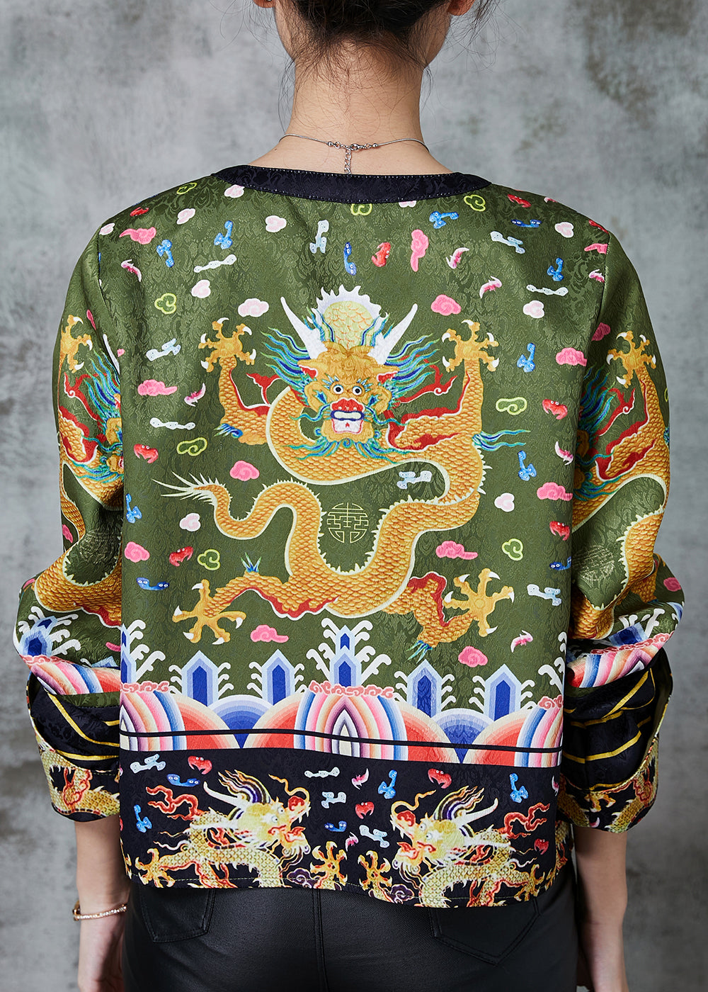 Green Embroidered Patchwork Silk Coat Spring
