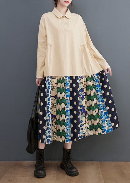 Beige Oversized Patchwork Cotton Long Dress Fall
