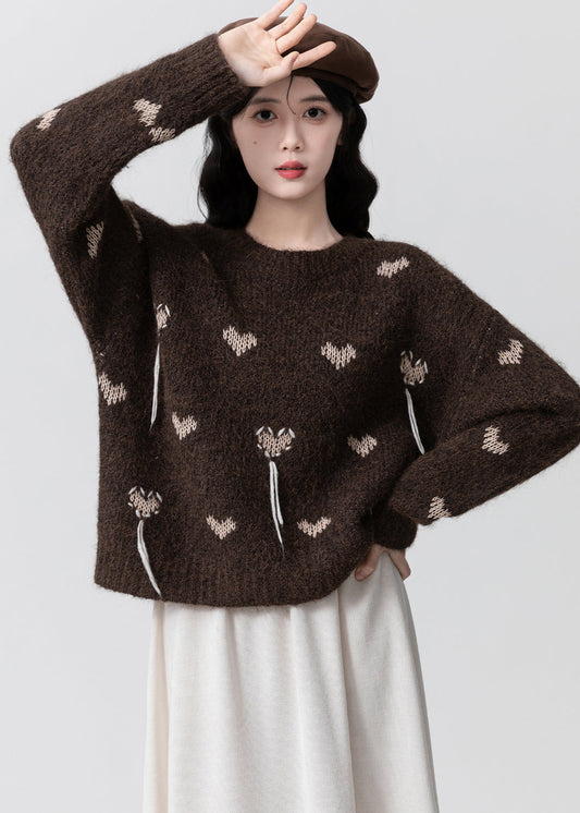 Coffee O Neck Jacquard Thick Knit Sweaters Spring