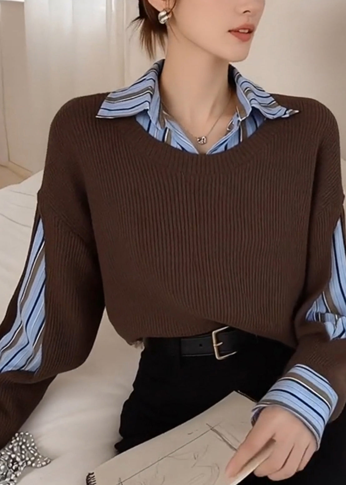Style Brown Peter Pan Collar Patchwork Knit Fake Two Piece Shirts Spring