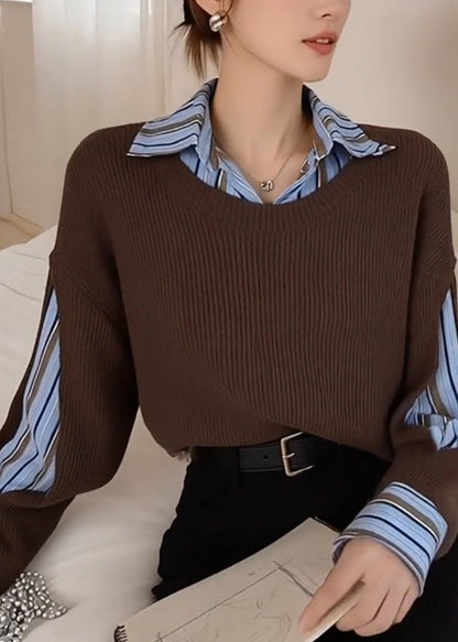 Style Brown Peter Pan Collar Patchwork Knit Fake Two Piece Shirts Spring
