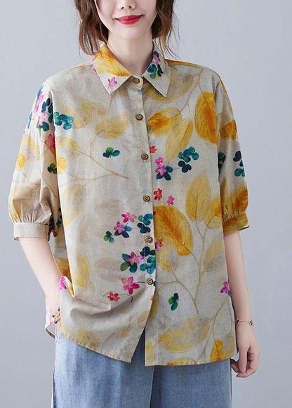 Print Peter Pan Collar Button Cotton Top Summer
