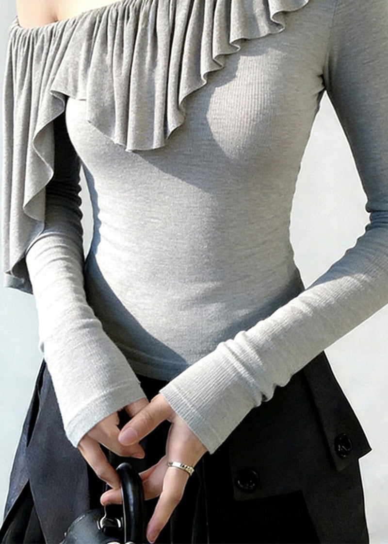 Grey One Shoulder Ruffles Cotton Top Spring