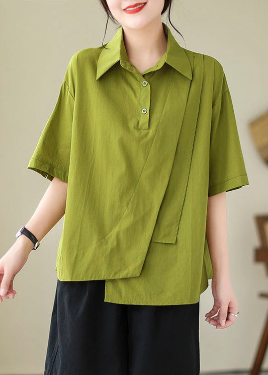 Green Peter Pan Collar Asymmetrical Cotton Shirt Top Summer