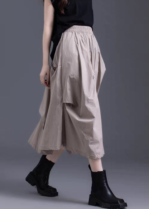 Khaki Asymmetrical Wrinkled Elastic Waist Cotton Skirt