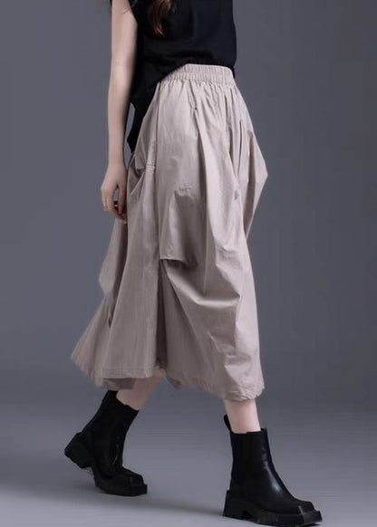 Khaki Asymmetrical Wrinkled Elastic Waist Cotton Skirt