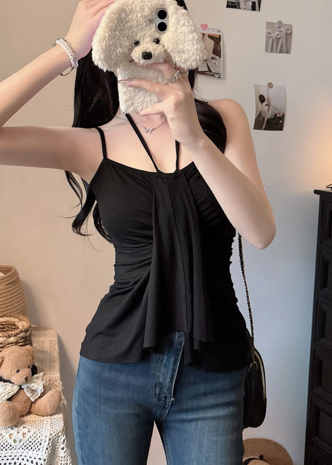 Black Asymmetrical Cotton Halter Vest Summer