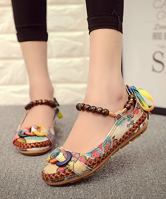 Red Linen Fabric Flat Shoes for Embroideried Handmade Bead String Knit Fabric Flat Shoes