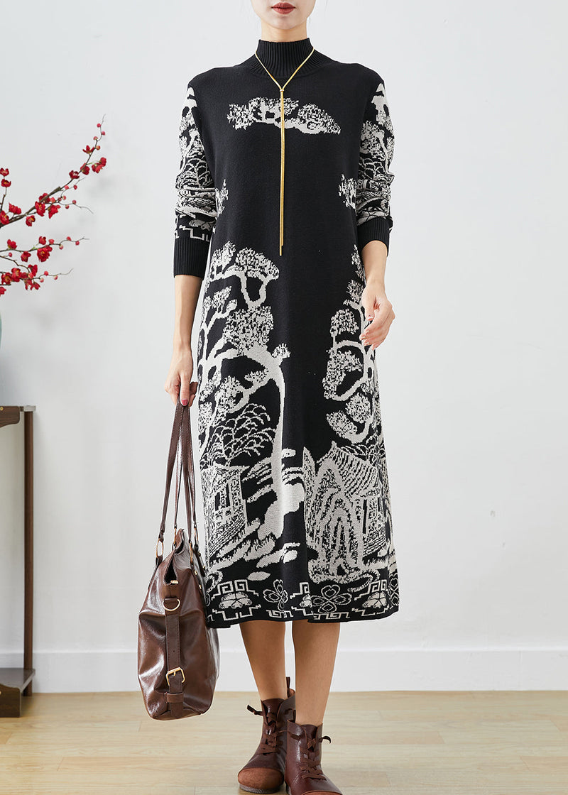 Black High Neck Print Knit Sweater Dress Fall