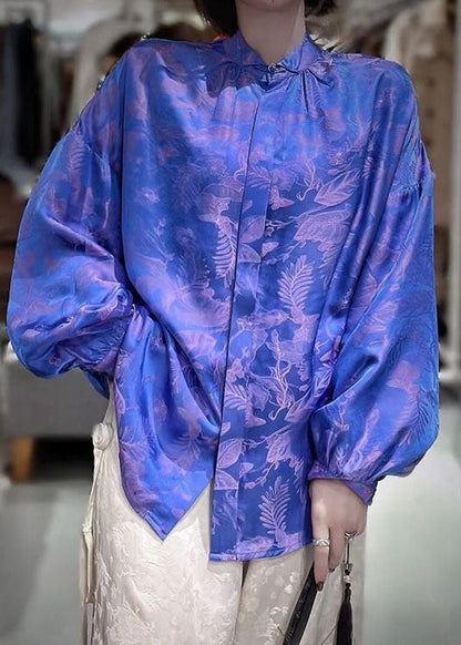 Green Stand Collar Patchwork Jacquard Silk Blouses Fall