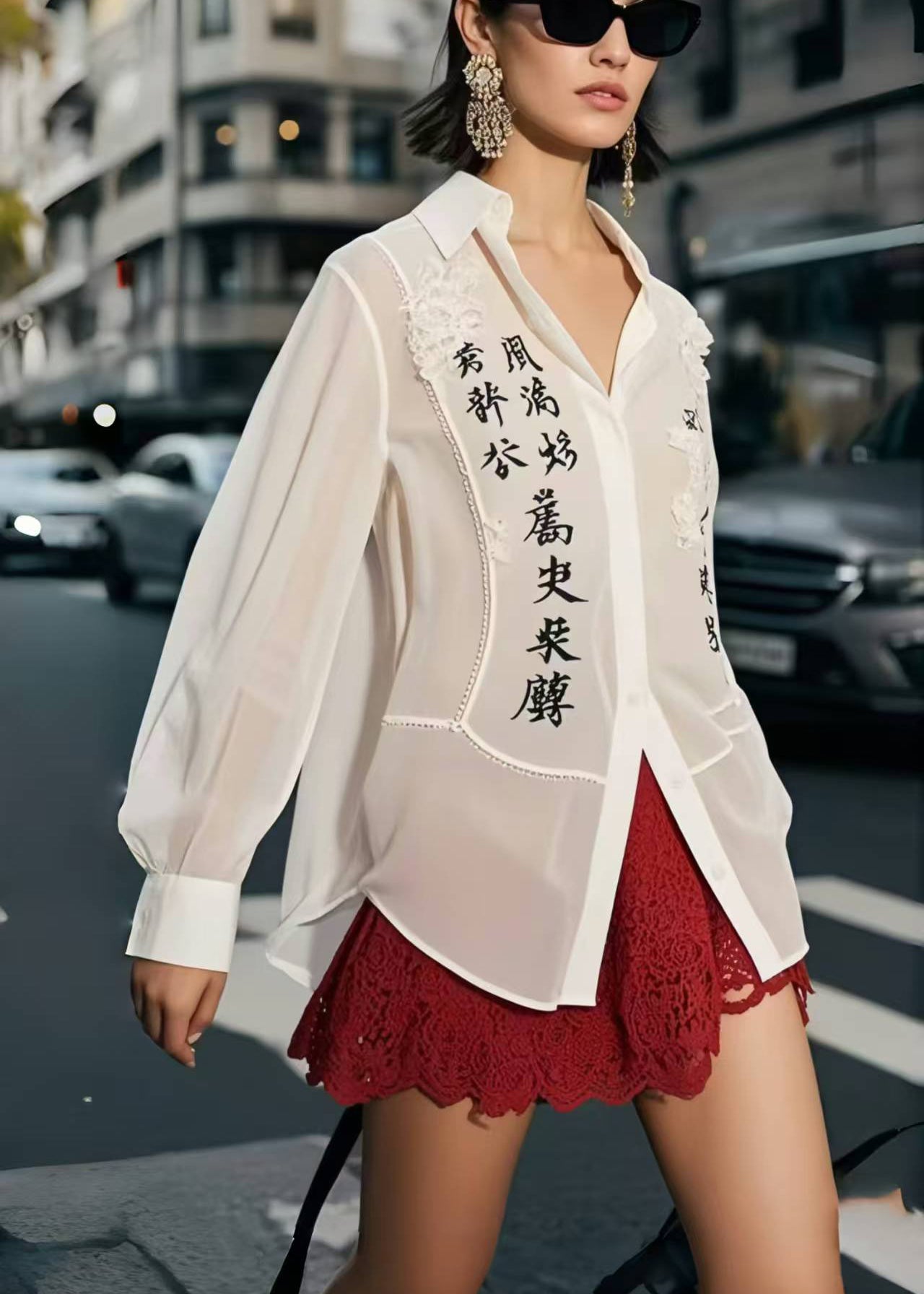 White Patchwork Draping Chiffon Shirt Tops Spring