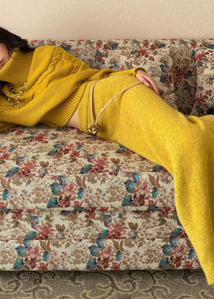 Yellow Turtleneck Patchwork Cotton Knit Sweater and Maxi Skirts Two Piece Set Fall