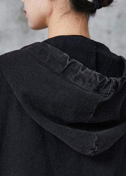Black Drawstring Pockets Cotton Hooded Vest Spring