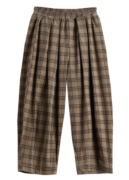 Boutique Beige Elastic Waist Plaid Cotton Pants Spring