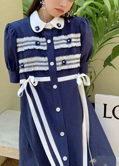 Navy Bow Button Patchwork Nail Bead Fall Short Sleeve Dresses