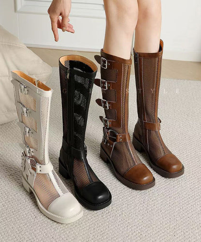 Splicing Chunky Hollow Out Breathable Boots Beige Genuine Leather