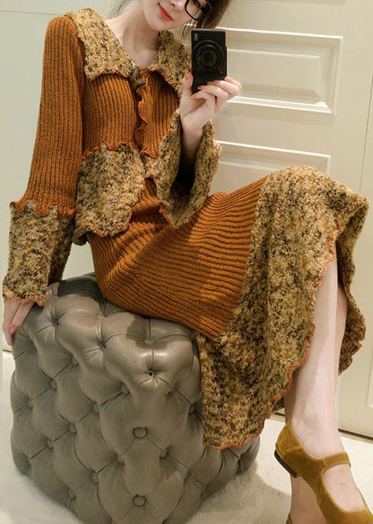 Unique Coffee Peter Pan Collar Ruffled Patchwork Cotton Knit Top and Maxi Skirts Two Pieces Set Flare Sleeve
