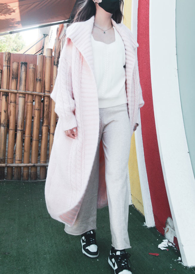 Pink Peter Pan Collar Long Wool Knit Cardigan Winter