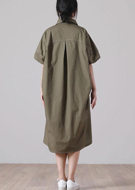 Army Green Peter Pan Collar Button Maxi Summer Cotton Dress