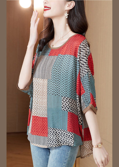 Red O-neck Striped Print Silk Shirt Half Sleeve