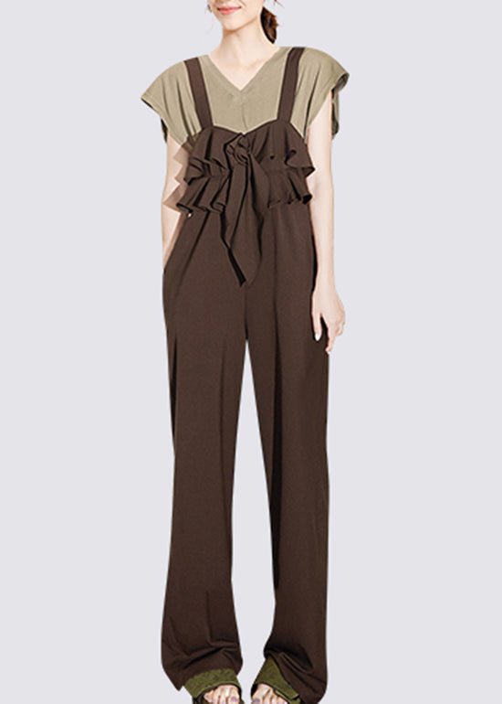 Loose Brown Ruffled Patchwork Suspender Jumpsuits Sleeveles