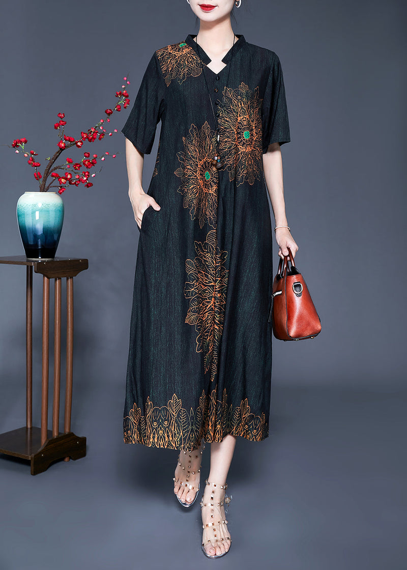Black Print Silk Long Dress Oversized Pocket Summer