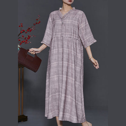 Art Grey Ruffled Drawstring Cotton Long Dress Summer